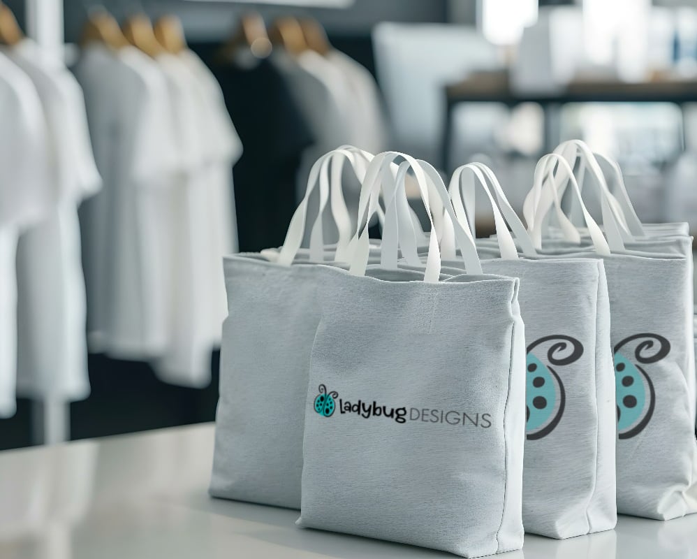 Embroidered corporate polo shirts and team jackets on display