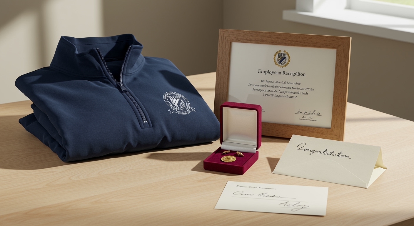 Employee recognition gift set with branded jacket, service pin, and milestone certificate