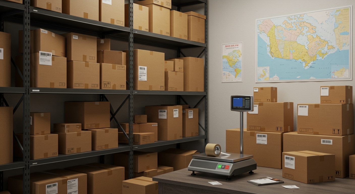 Warehouse shipping station with labeled packages of various sizes ready for carrier pickup across Canada