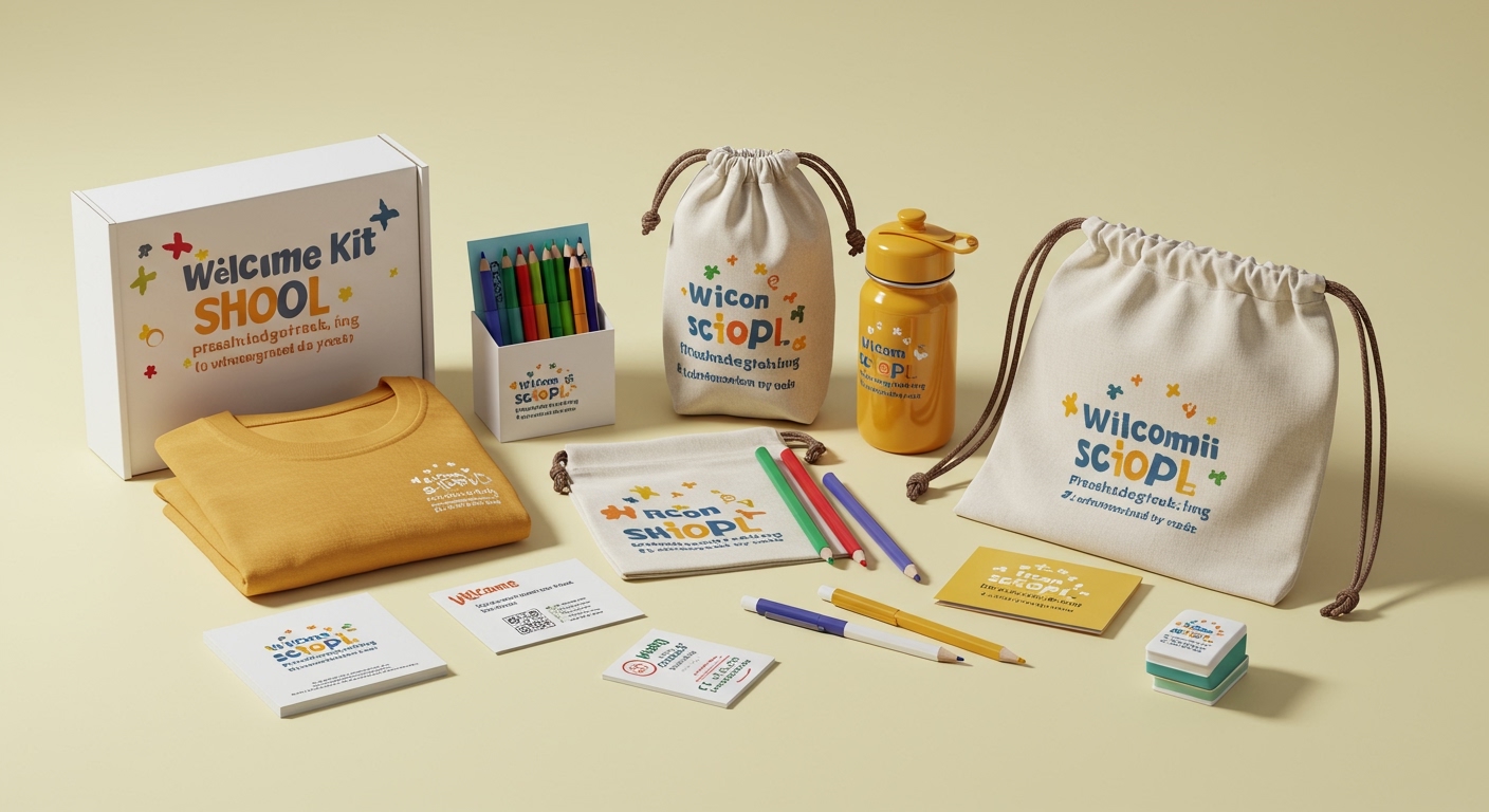 Assembled welcome kit for kindergarten students with a branded t-shirt, drawstring bag, pencils, water bottle, and welcome card in a gift box