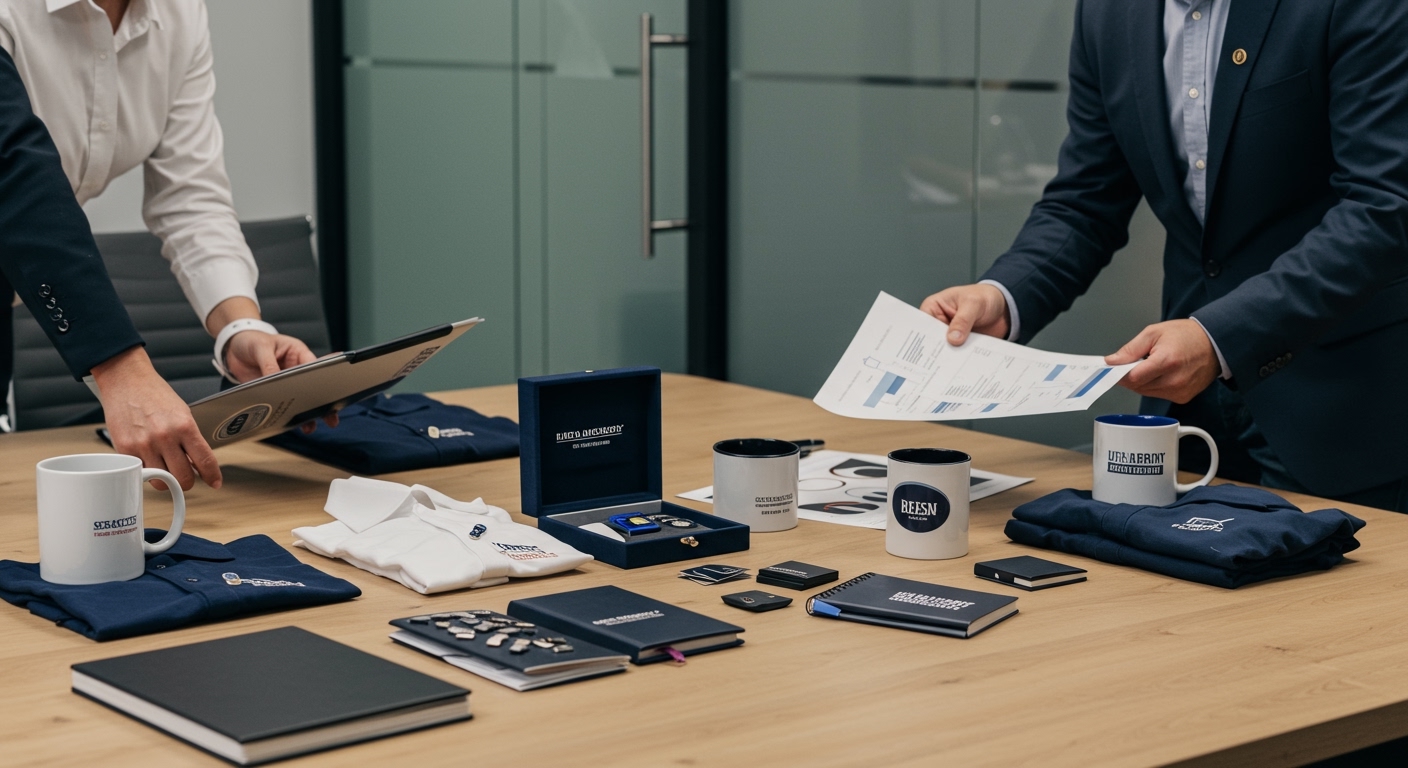 Corporate meeting with branded merchandise samples on a boardroom table for evaluation