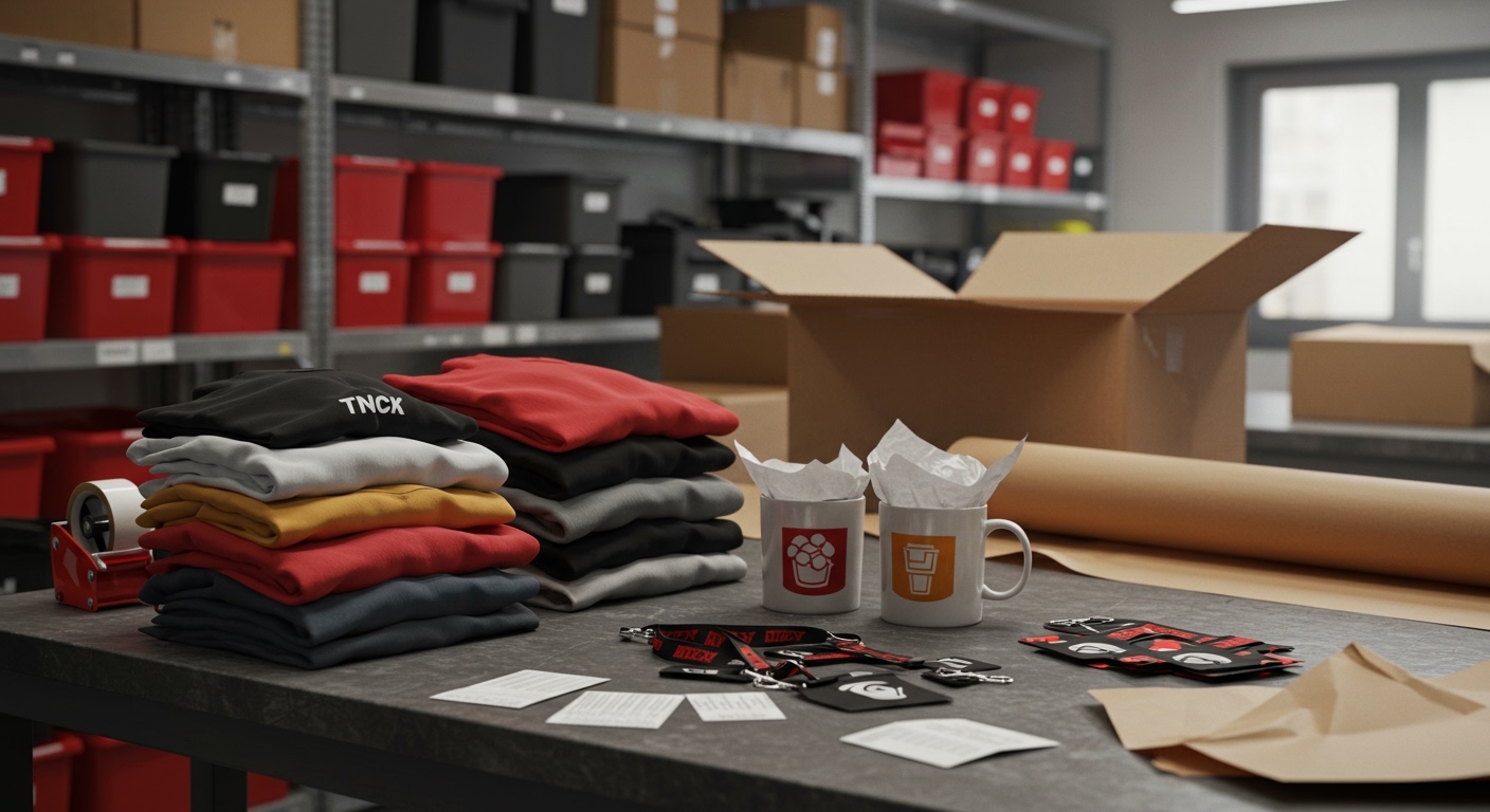 Organized warehouse with branded merchandise ready for fulfillment and shipping