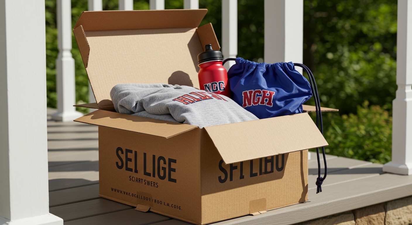 Branded shipping box delivered to a doorstep with school spirit wear items visible inside