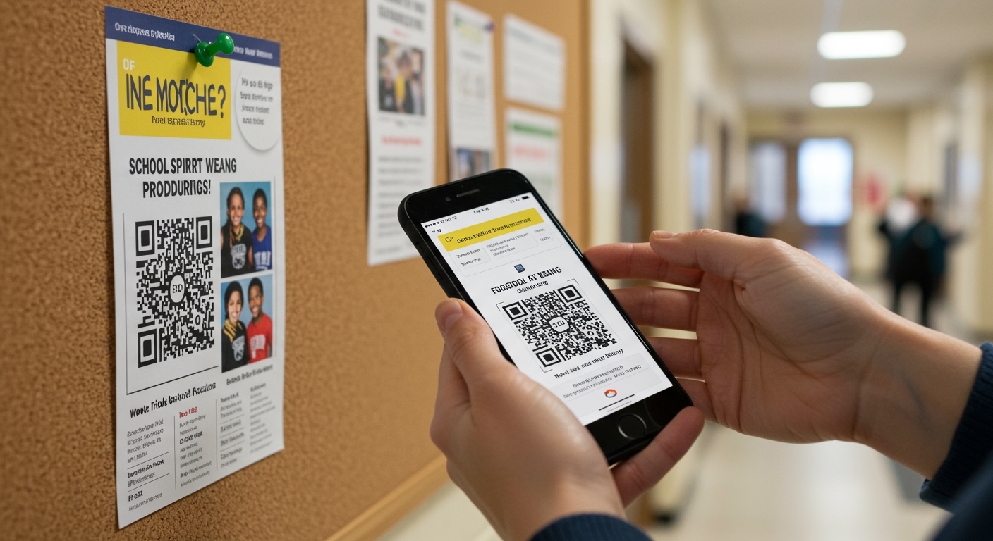 Smartphone scanning a QR code on a school newsletter with spirit wear products