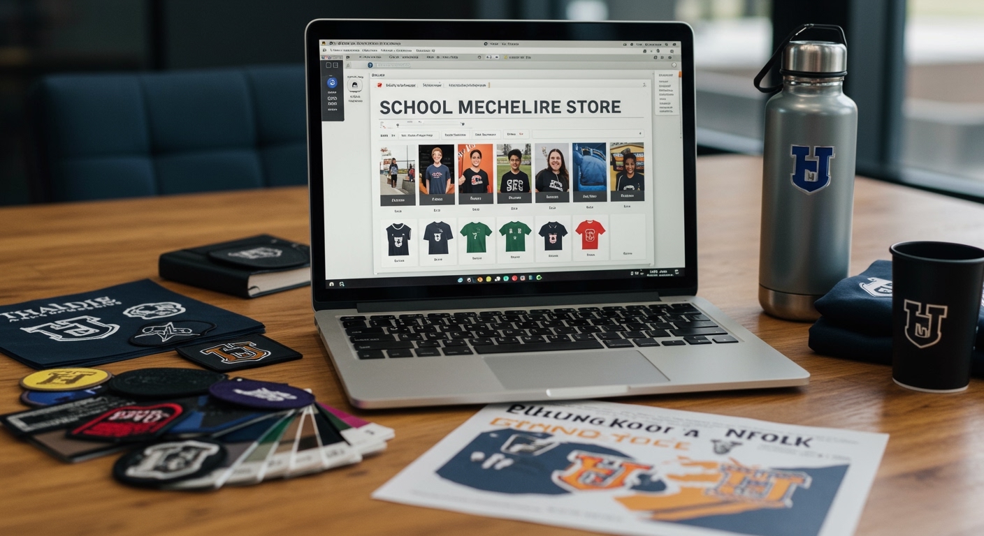 Laptop showing a school merchandise online store being set up with product images, alongside fabric swatches and embroidered samples