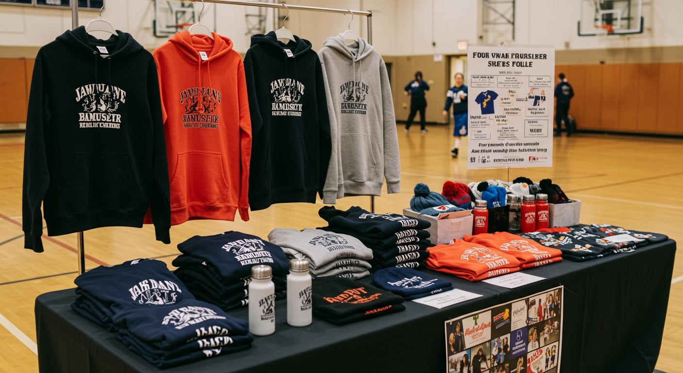 School spirit wear fundraiser display in a gymnasium with branded merchandise on tables and racks